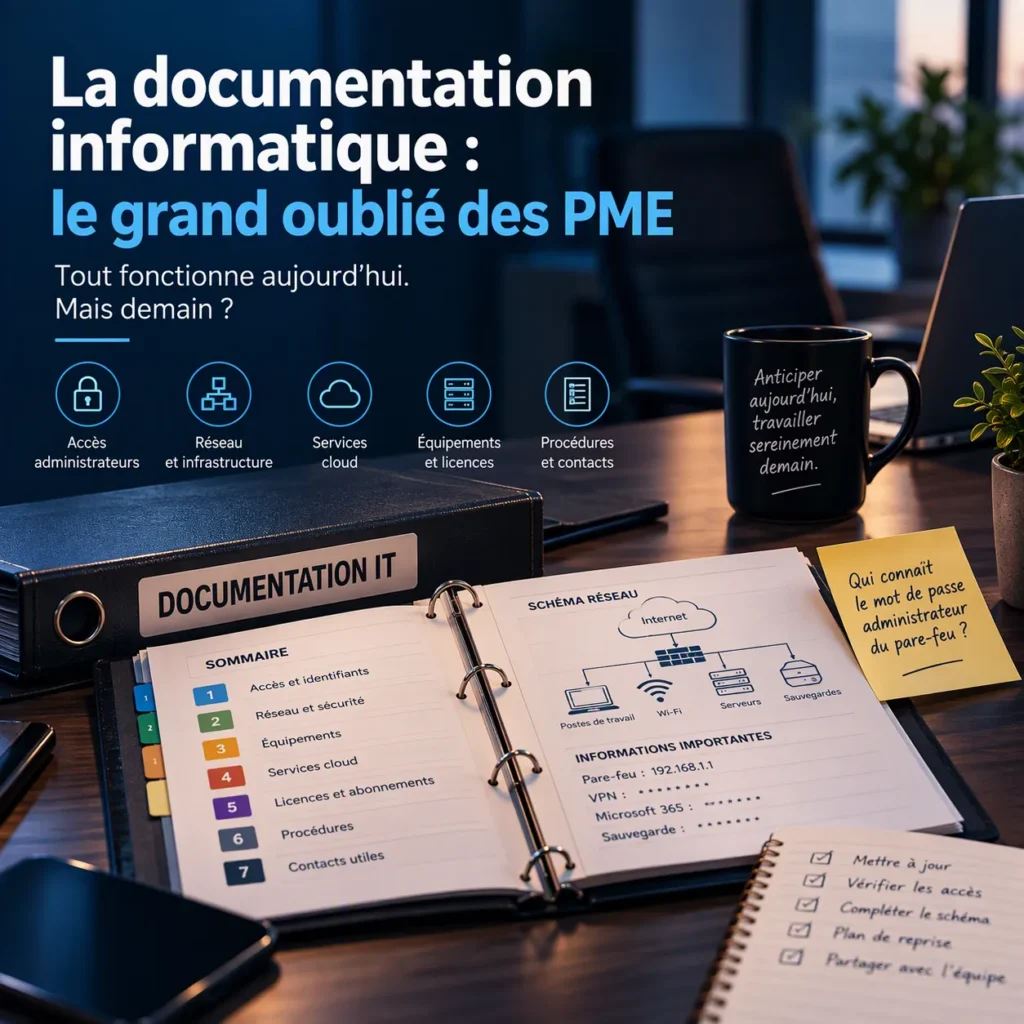 Documentation informatique PME : accès administrateurs, réseau, services cloud et sauvegardes